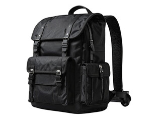 Naklejka premium Angled Side View of Stylish Black Backpack Highlighting Storage Compartments, Isolated on Transparent Background PNG