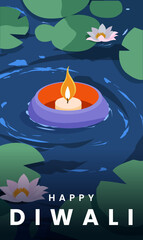 Happy Diwali Poster with Diya Lamp Vector Illustration. Indian festival of lights Design. Suitable for Greeting Card, Banner, Flyer, Template.