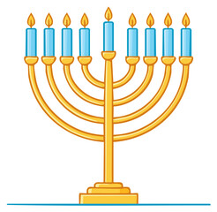 Bright gold menorah with nine lit blue candles celebrating Hanukkah festival of lights illustration