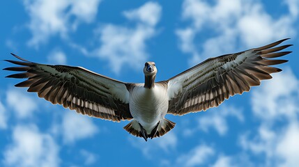 Large Bird (Goose/Waterfowl) Flying in Clear Blue Sky with White Clouds, Fully Spread Wings, Brown-White Feathers