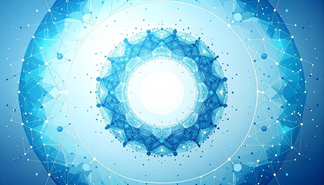 Abstract blue fractal design with interconnected dots and lines on a white background.