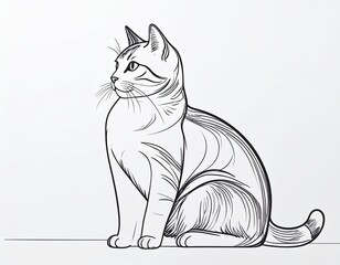 Detailed line drawing of a striped cat sitting in profile.