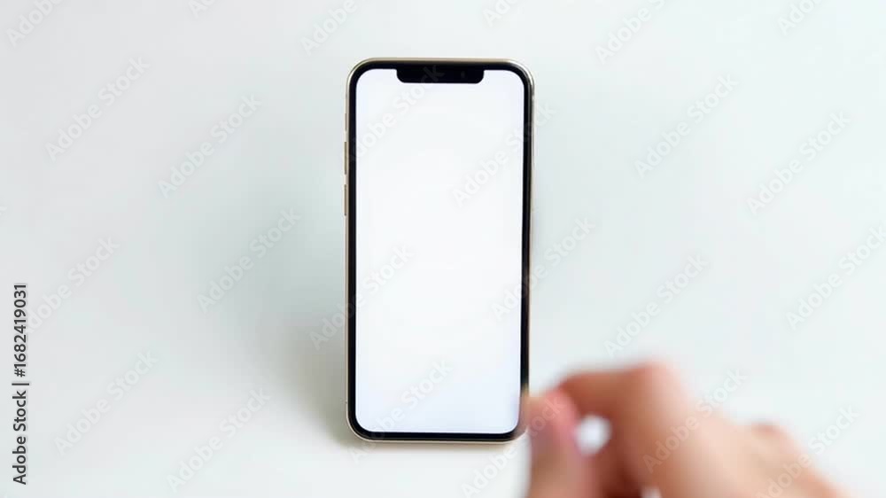 Poster hand touching smartphone screen with blank display, modern technology communication concept, isolate