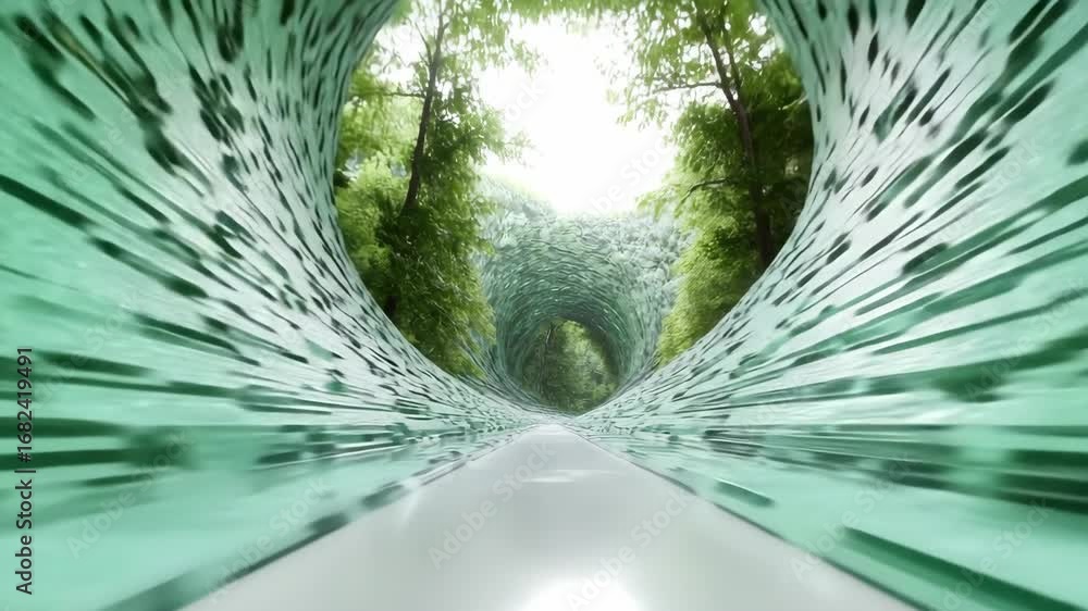 Poster a captivating tunnel constructed from glass creates a dazzling reflection of the surrounding forest.