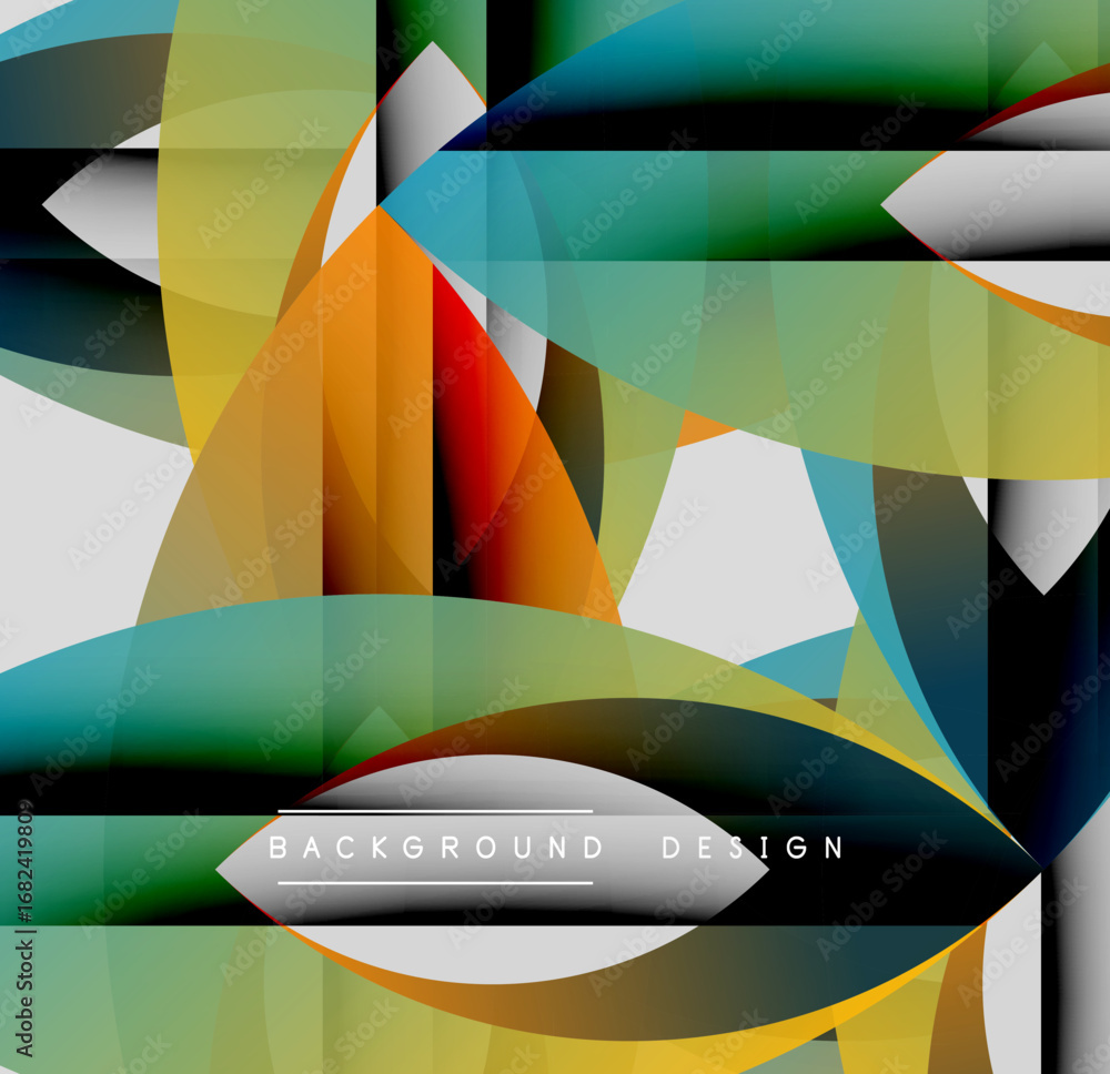 Poster abstract geometric shapes overlap, creating vibrant color gradients. modern design features smooth c