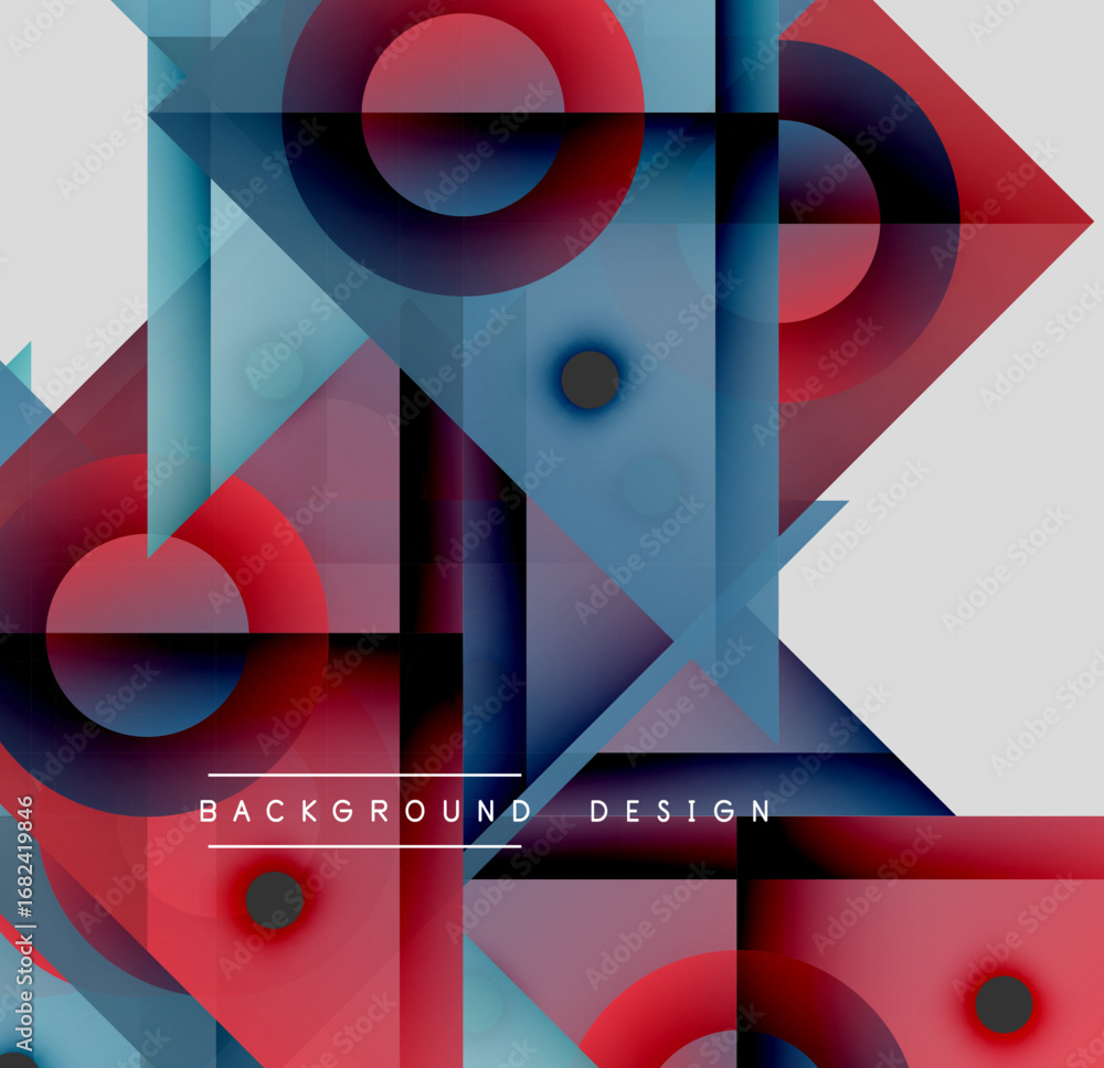 Poster abstract geometric shapes overlap, creating vibrant color gradients. design features circles, triang