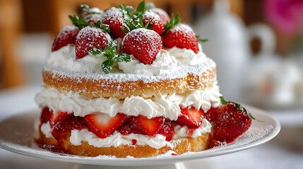 Delicious Strawberry Layer Cake with Whipped Cream and Powdered Sugar