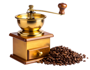 Angled Side View of Gold Coffee Grinder with Coffee Beans Piled Nearby, isolated on transparent background PNG