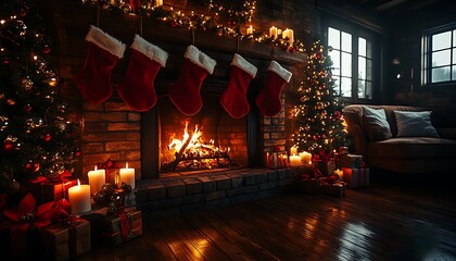 Cozy Christmas Eve fireplace with glowing stockings and gifts christmas tree