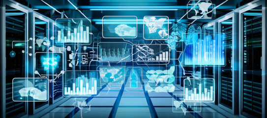Digital data streams visualized within a modern server room, showcasing global network connectivity and data analysis.