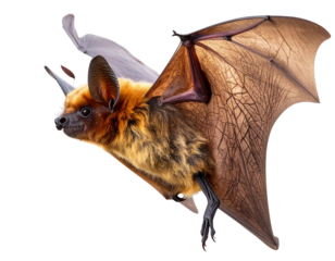 Angled Side View of Flying Bat with Slight Motion Blur, isolated on transparent background PNG