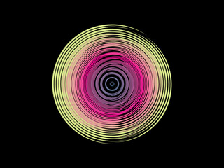 Vector background of rotating elliptical 3D shapes, consisting of a pattern of squares and wavy lines with colorful gradations.	