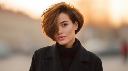 Young woman with stylish short hairstyle poses confidently outdoors during golden hour, showcasing modern fashion and natural beauty in urban setting