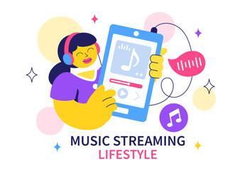 Music Streaming Lifestyle Vector Illustration featuring Entertainment Services from Live Streams to Music Listening in a Flat Style Cartoon Background