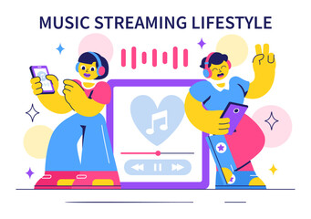 Music Streaming Lifestyle Vector Illustration featuring Entertainment Services from Live Streams to Music Listening in a Flat Style Cartoon Background