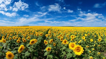 Fototapeta premium Blooming Sunflower Field Under Blue Sky with White Clouds in Summer