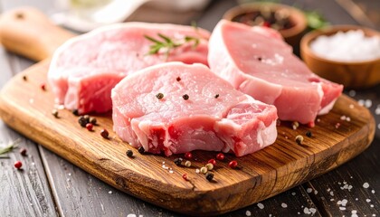 Fototapeta premium Raw meat pork and beef steaks on a cutting board