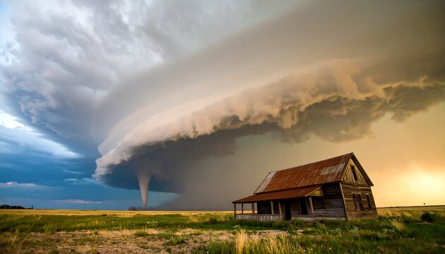Dramatic tornado approaching a weathered farmhouse - Powered by Adobe