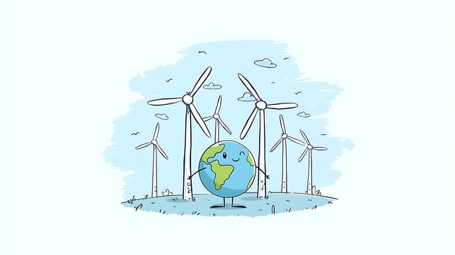Cute Earth Character with Wind Turbines Renewable Green Energy Doodle - Powered by Adobe