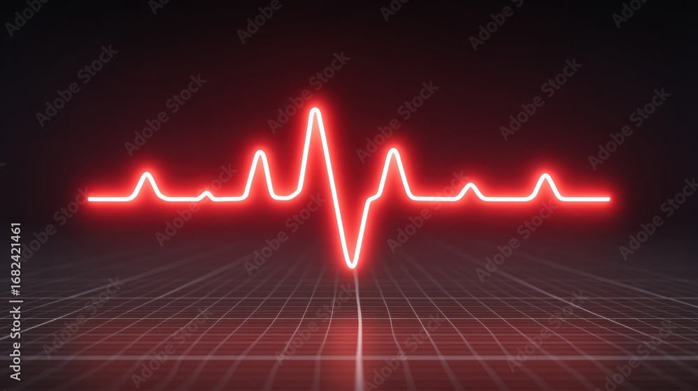 Aufkleber red neon heartbeat waveform graph on dark background with grid pattern for medical and health relate
