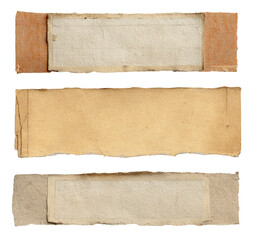 Three antique-style, rectangular paper strips.  Each strip has a slightly off-white/cream colored inner section bordered by tan or light brown paper.  
