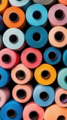Fototapeta premium Collection of colorful spools of thread neatly arranged, representing vibrant ideas and possibilities.