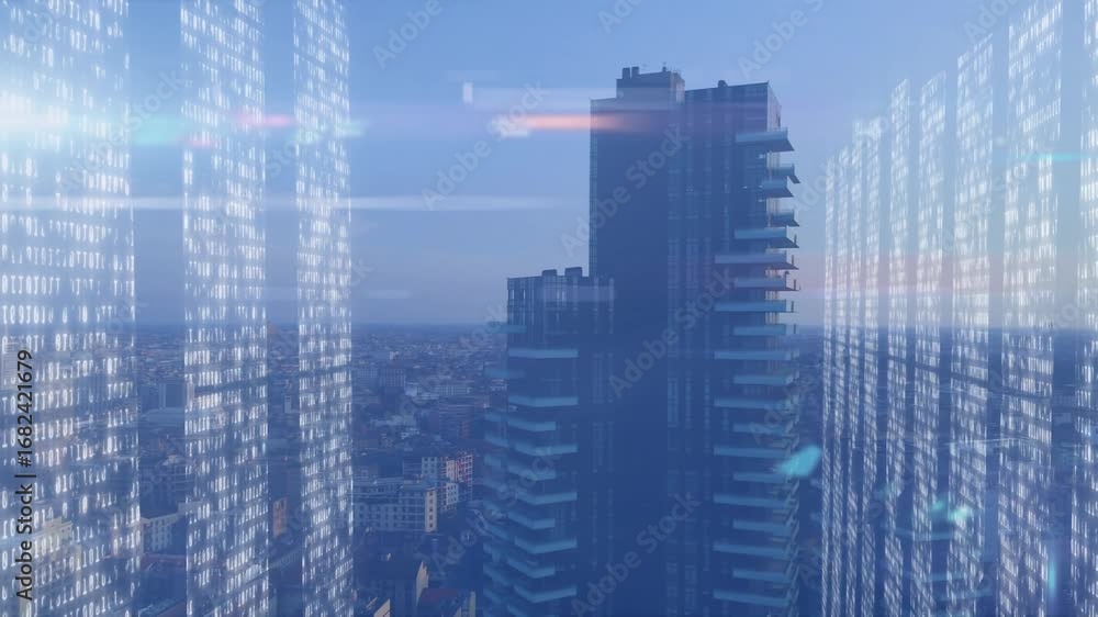 Poster animation of data processing on screens over cityscape