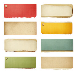Nine vintage-style rectangular tags.  Each tag is a different color, varying from red, yellow, and green to muted tones of beige, teal, and cream.?Some are slightly torn or distressed. 