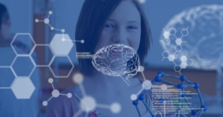 Animation of science data processing over caucasian schoolgirl - Powered by Adobe