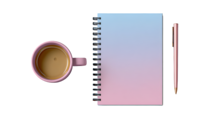 Pastel notebook with coffee and pen