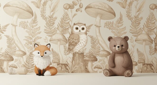 Watercolor Forest Animals: Fox Owl Bear and Mushrooms.