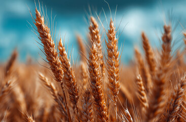 wheat field, background, copy space for text, beautiful, cinematic, sunny day, soft light, blue sky, golden wheat fields, depth of field, shallow focus, bokeh, high resolution,