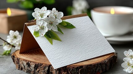 Fototapeta premium Blank card on wood slice with white flowers and candles in background.