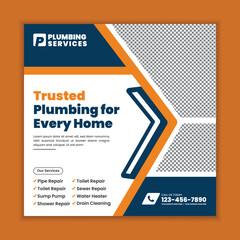 Professional Plumbing Services Square Flyer and Social Media Web Banner Template for Faucet Installation and Bathroom Maintenance