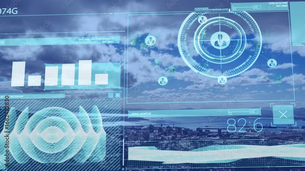 Aufkleber digital interface with data processing against aerial view of cityscape