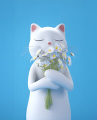 Cute 3D white cat holding a bouquet of daisies with closed eyes on a blue background. A cheerful spring illustration symbolizing freshness, love, and new beginnings.