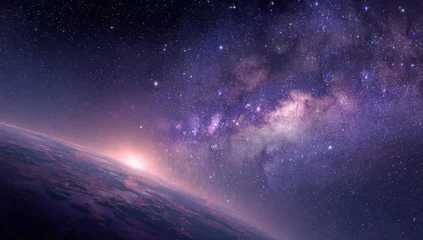 Fotobehang Heelal Stunning cosmic view of a planet's horizon with the sun rising and a magnificent galaxy filled with countless stars and colorful nebulae, ideal for space exploration, astronomy, and sci - fi themed pr  © victor