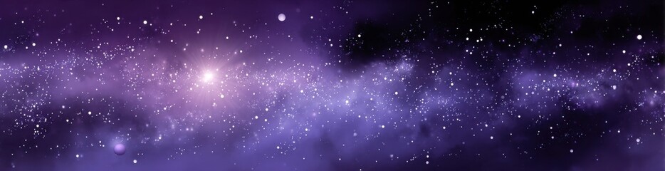 Fototapeta premium Futuristic purple galaxy with glowing stars, nebula clouds, and radiant light flare, creating an ethereal cosmic landscape perfect for sci-fi art, space exploration, and dreamy universe concepts. 