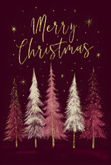 Elegant Christmas card design with golden “Merry Christmas” lettering and five festive trees in shades of red, pink, and white on a dark background. Stylish holiday greeting.