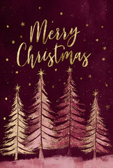 Elegant Christmas card design with golden “Merry Christmas” lettering and five festive trees in shades of red, pink, and white on a dark background. Stylish holiday greeting.