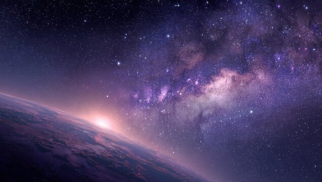 Stunning cosmic view of a planet's horizon with the sun rising and a magnificent galaxy filled with countless stars and colorful nebulae, ideal for space exploration, astronomy, and sci - fi themed pr