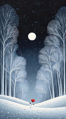 Magical winter night landscape with tall frosty trees, full moon, starry sky and a small red house in the snowy valley. Minimalist fantasy artwork.