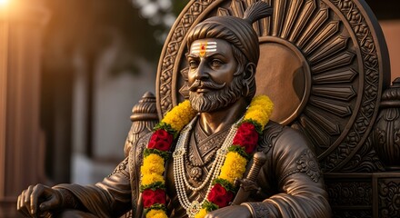 Bronze statue of Indian warrior king Chhatrapati Shivaji Maharaj adorned with flower garlands.