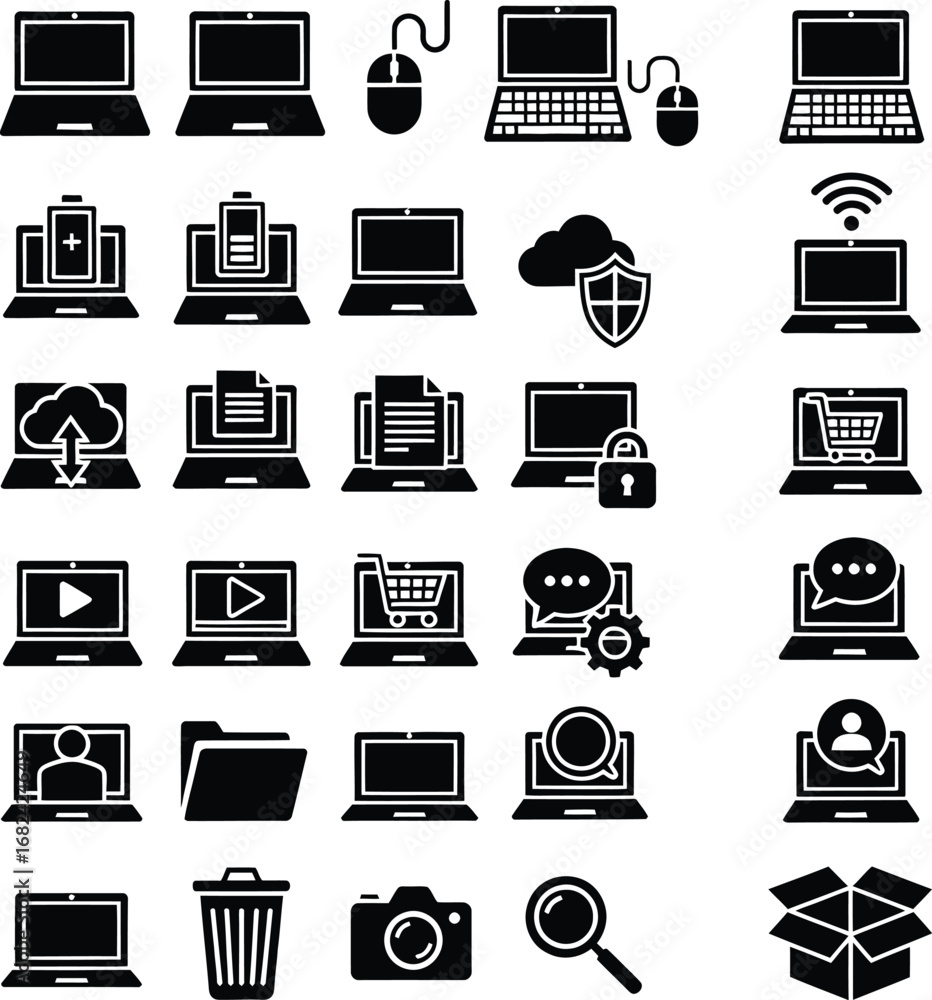 Poster collection of laptop and computer related icons for digital use