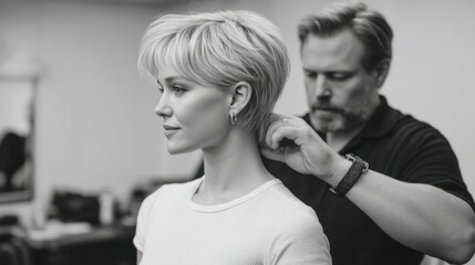 Professional hairstylist styling model's hair in black and white, showcasing elegance and creativity in a modern salon setting in preparation for a photoshoot