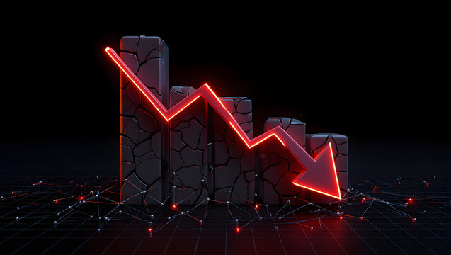 Financial Downturn: A stark visual representation of economic decline with a downward-pointing arrow overlaying collapsing graph bars.