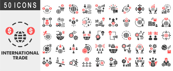 International Trade Icon Set Collection. Covers Global Exchange, International E Commerce, World Trade, Cross Border, Global Market. Simple Vector Glyph Red Illustration.