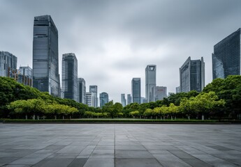 Modern City Park with Grey Sky and Skyscrapers