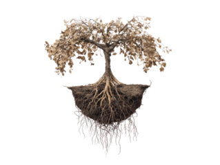 Detailed stylized tree graphic, light beige crown, dark brown roots