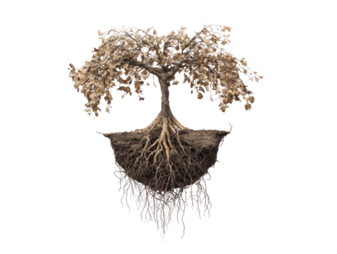 Detailed stylized tree graphic, light beige crown, dark brown roots